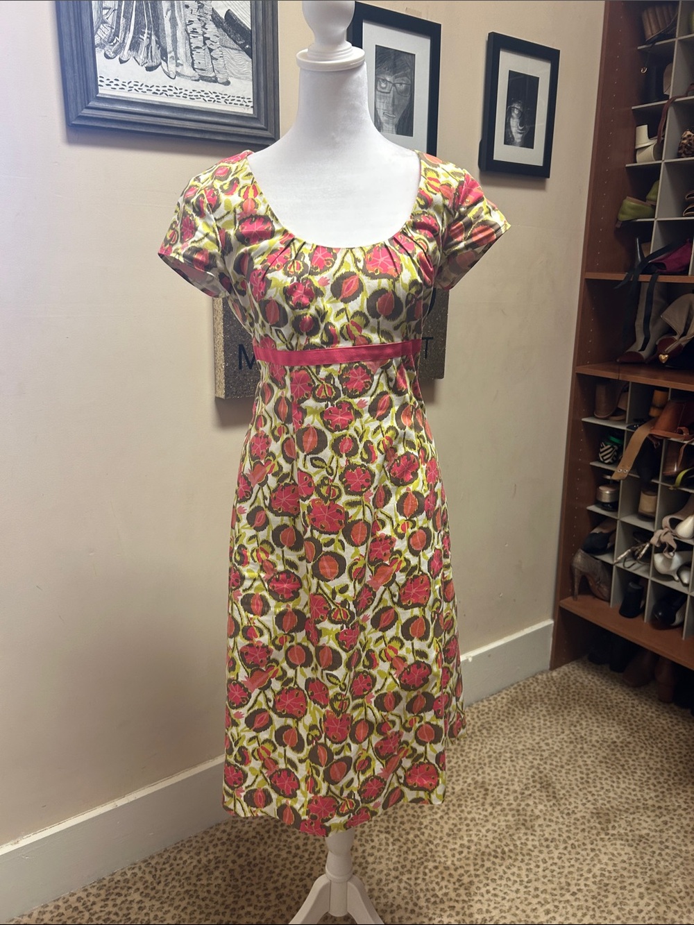 Boden Pink and Green Floral Scoop-Neck Cotton Dress